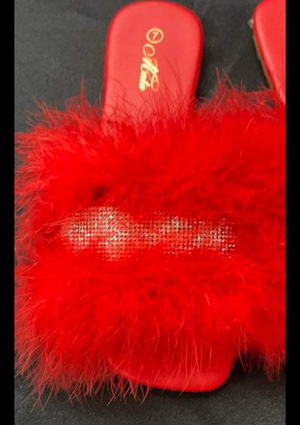 Red  Fluffy Slides Flats